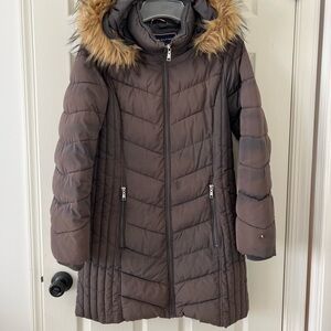 Tommy Hilfiger Grey/Brown Puffer Coat with Faux Fur Hood